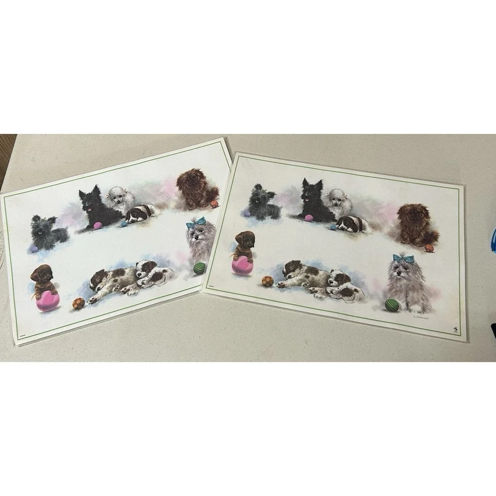 Vtg 70s‎ DOGS Puppies POODLES Reversible to Plaid Laminate Placemats GIORDANO x2